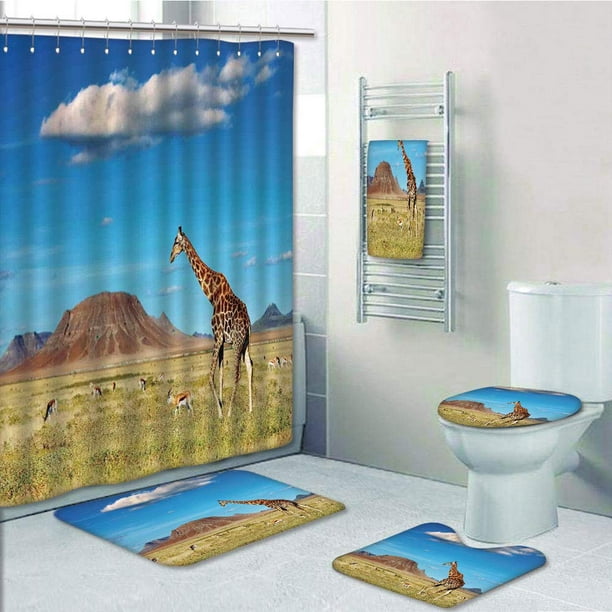Giraffe Shower Curtain Bath Mat Toilet Cover Rug Bathroom Decor